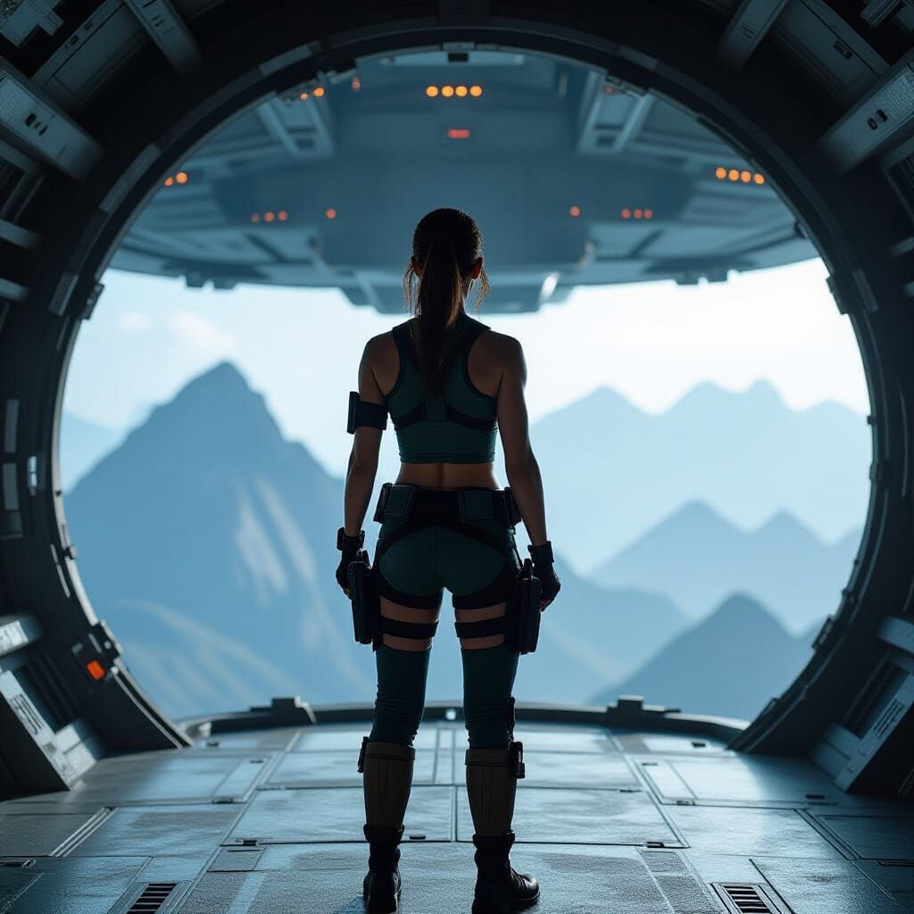 Lara Croft on Spaceship: Cinematic Film Still