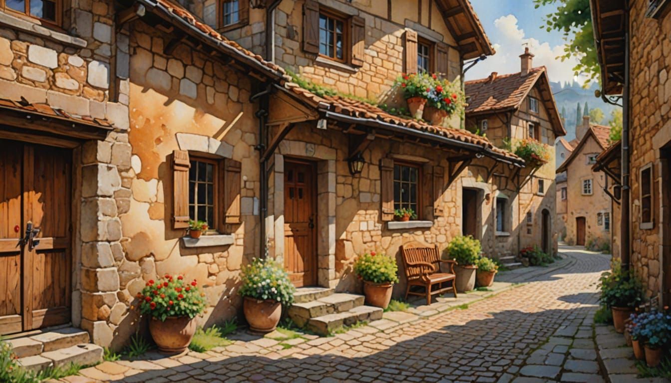 Watercolor Painting of Rustic Village House