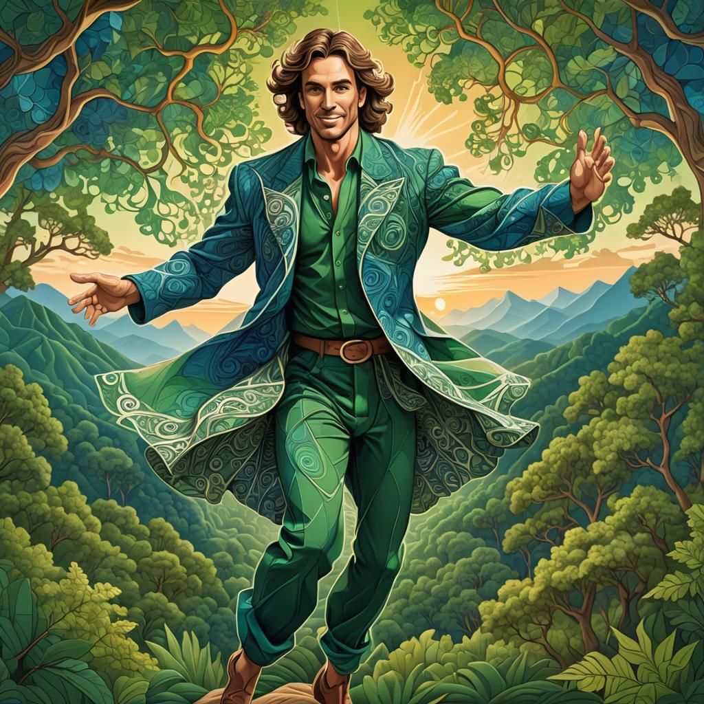 Dancer in Forested Mountains at Sunset, Abstract Fractal