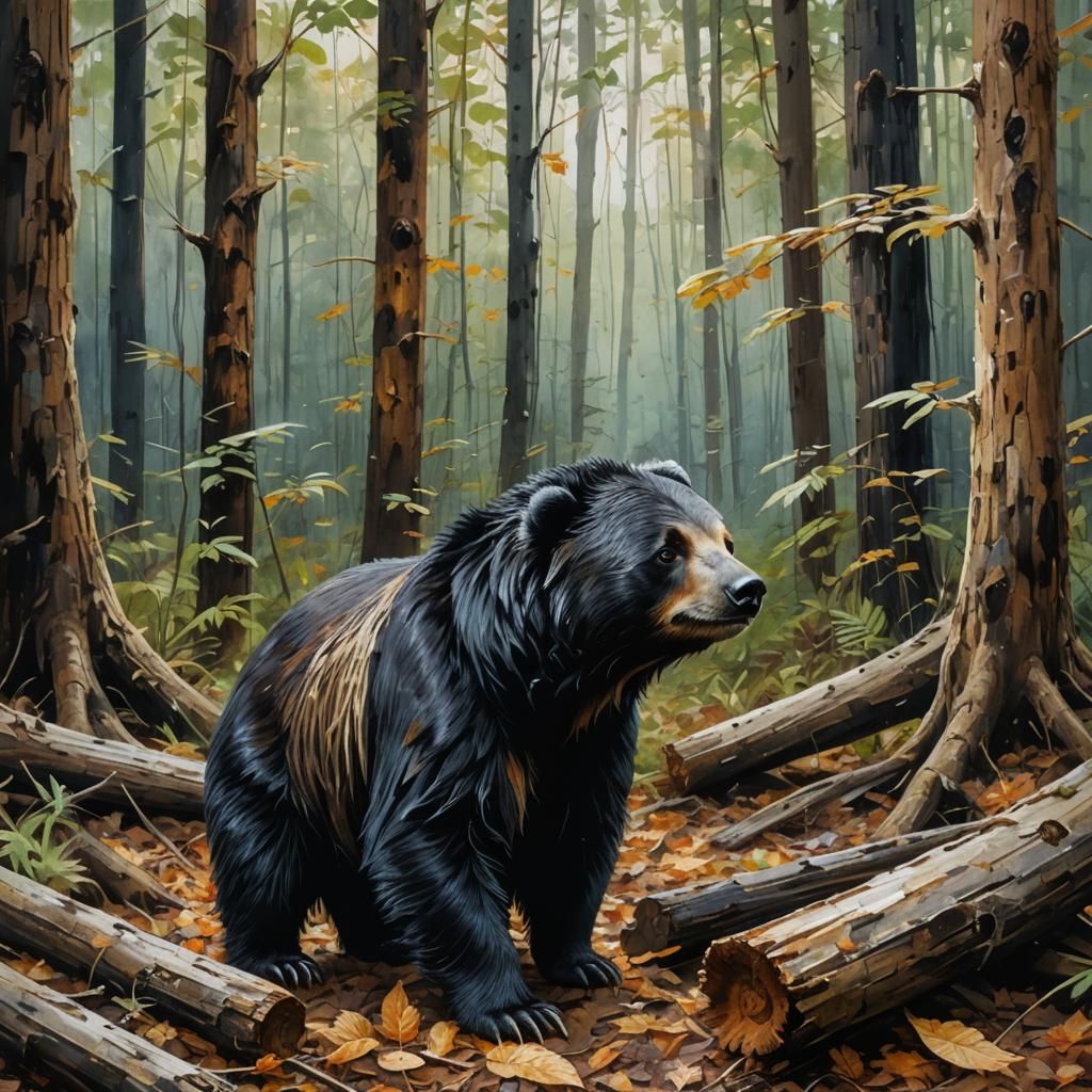 Sloth Bear Foraging in Dense Forest: Fantasy Art