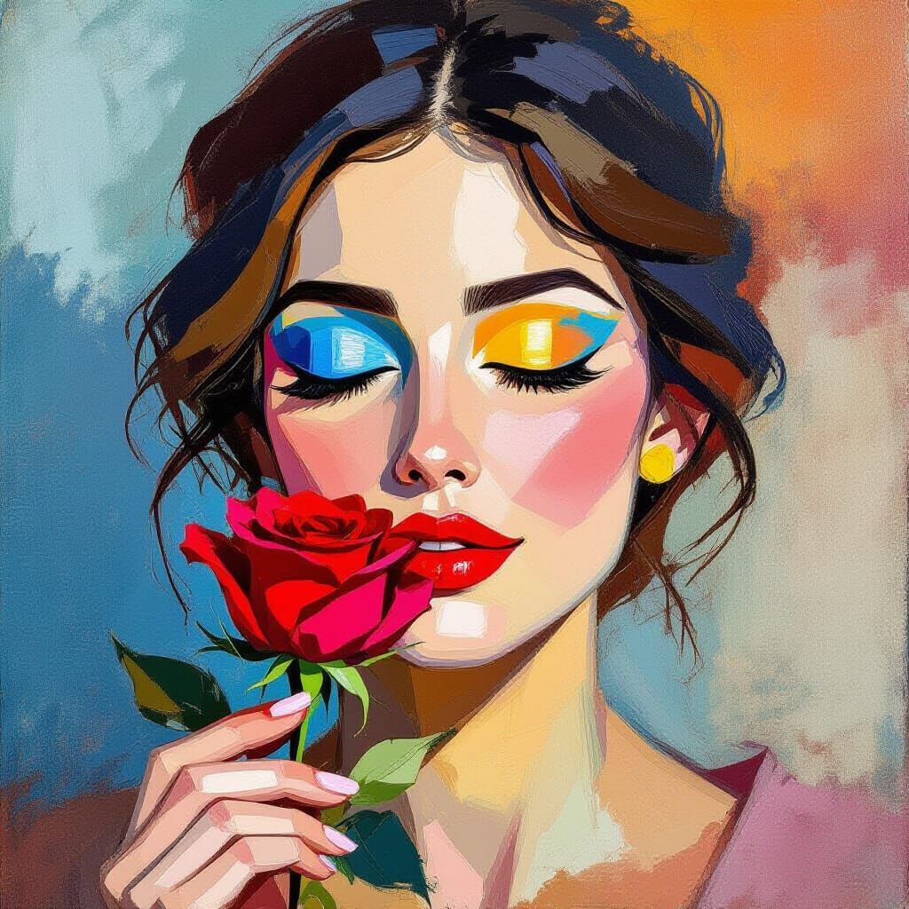 Impressionist Woman with Rose in Dreamlike Hues