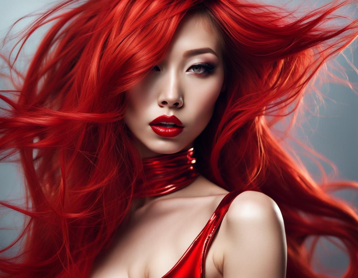 Stunning Asian Woman with Red Hair in Latex