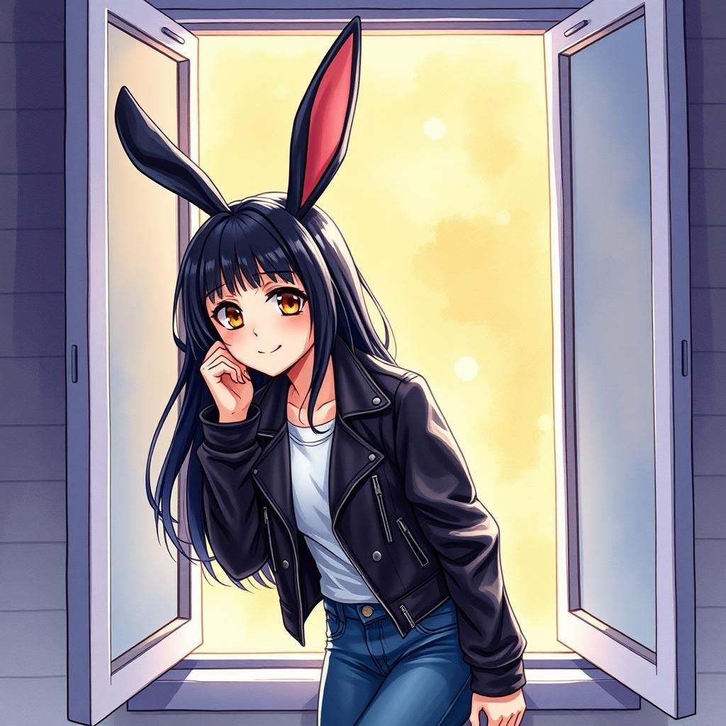 Woman with Rabbit Ears in Anime Watercolor Style