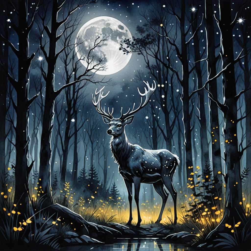 Silver Deer in Enchanted Forest at Night