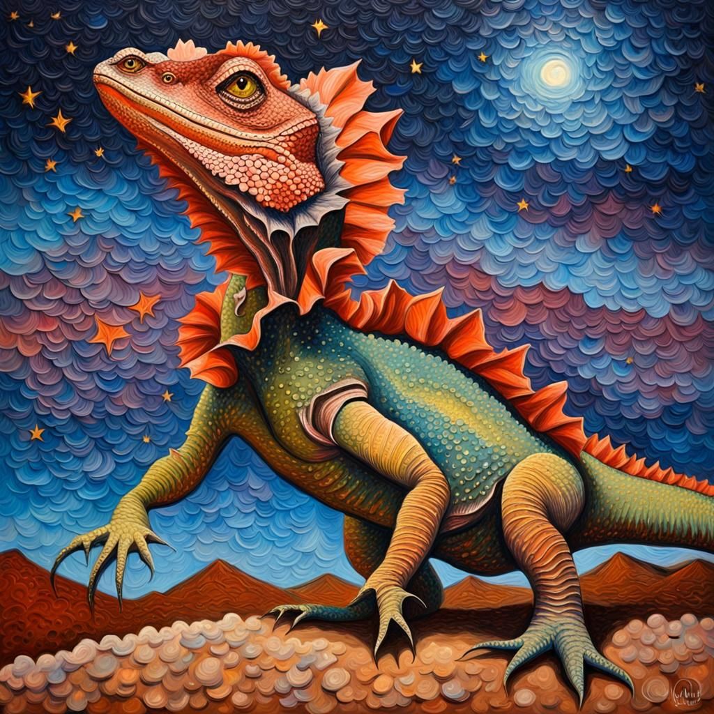 Frilled-Neck Lizard in Starry Desert, Impasto Painting