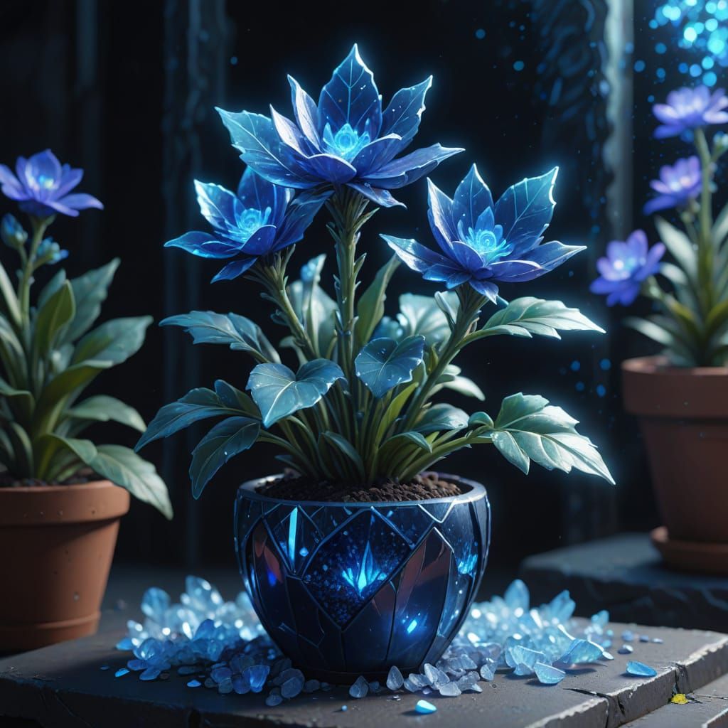 Blue Crystal Plant in Pot: Fantastical Concept Art