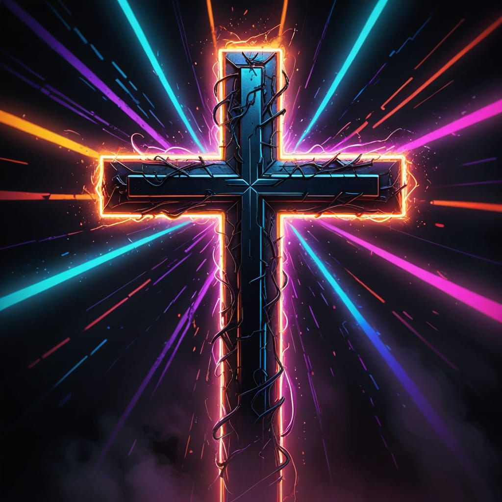 Radiant Neon Christian Cross in Vivid Digital Art
