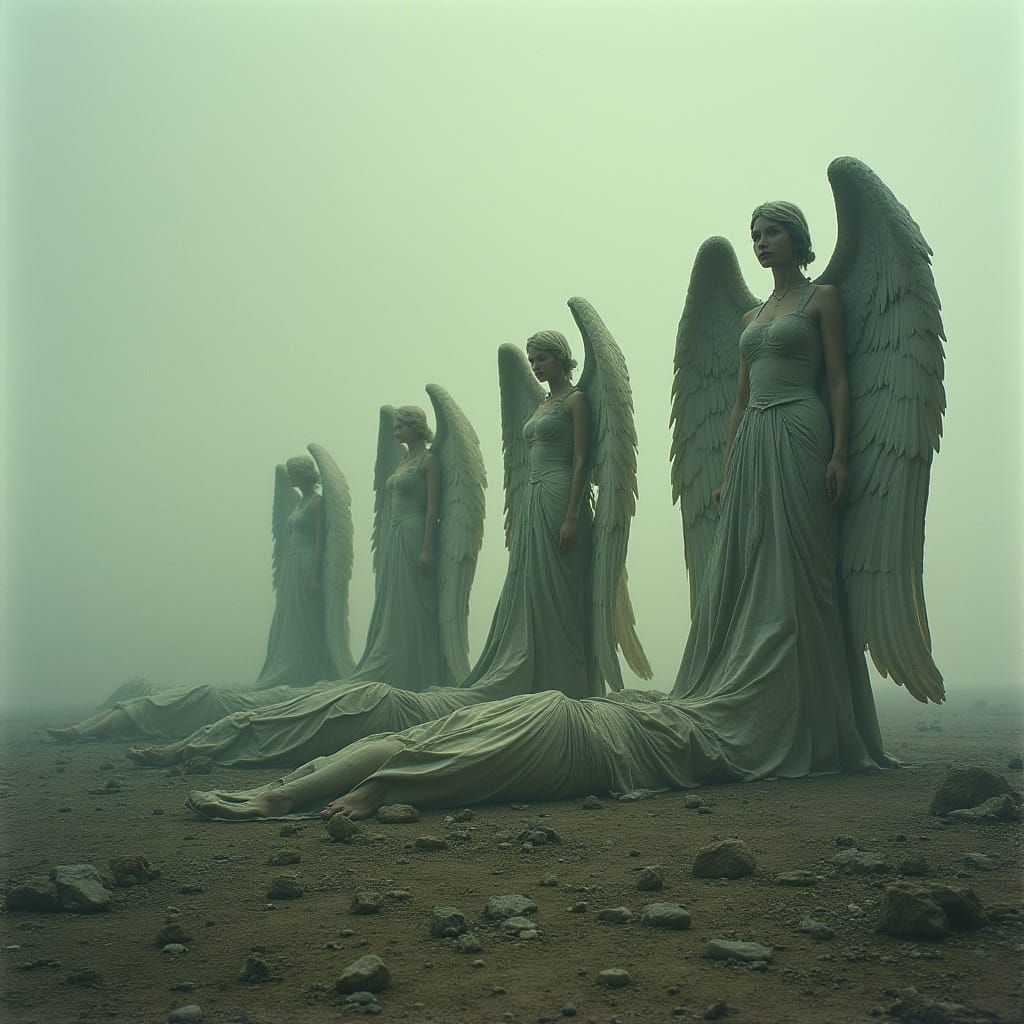 Majestic Fallen Goddesses Lie Defeated in Desolate Landscape