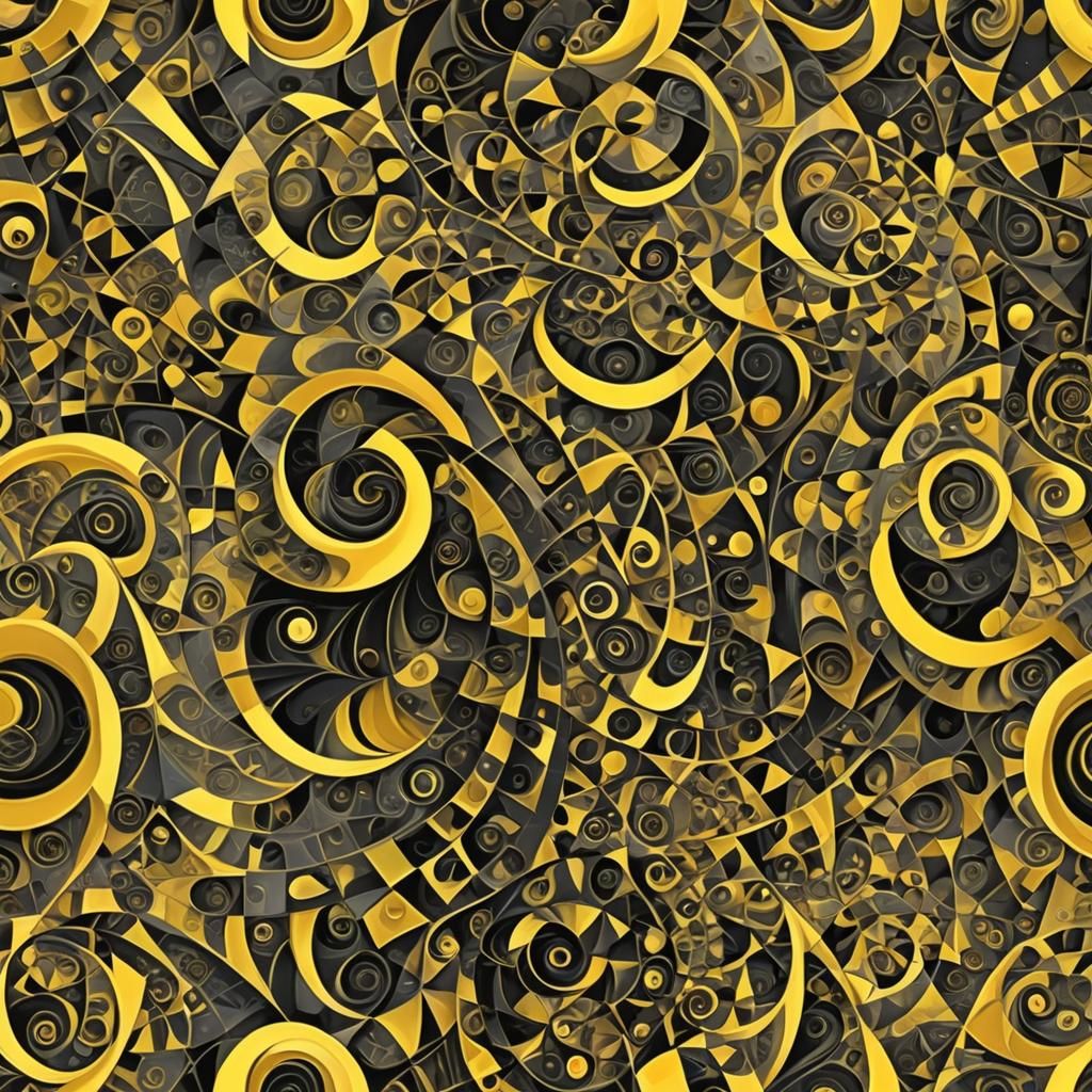 Abstract Cubist Fractal Whorl in Black and Yellow