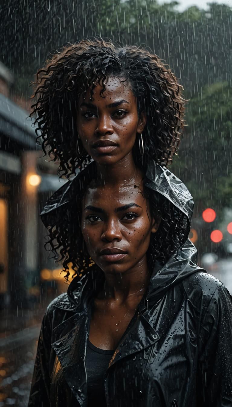 An exquisite portrait of an African woman with deep ebony skin and 2 heads, thanks NC, and a realistic afro hair standin...