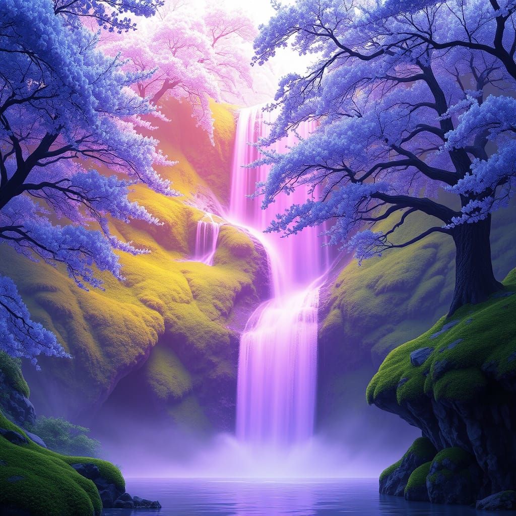 Surreal Blue Cherry Waterfall Landscape