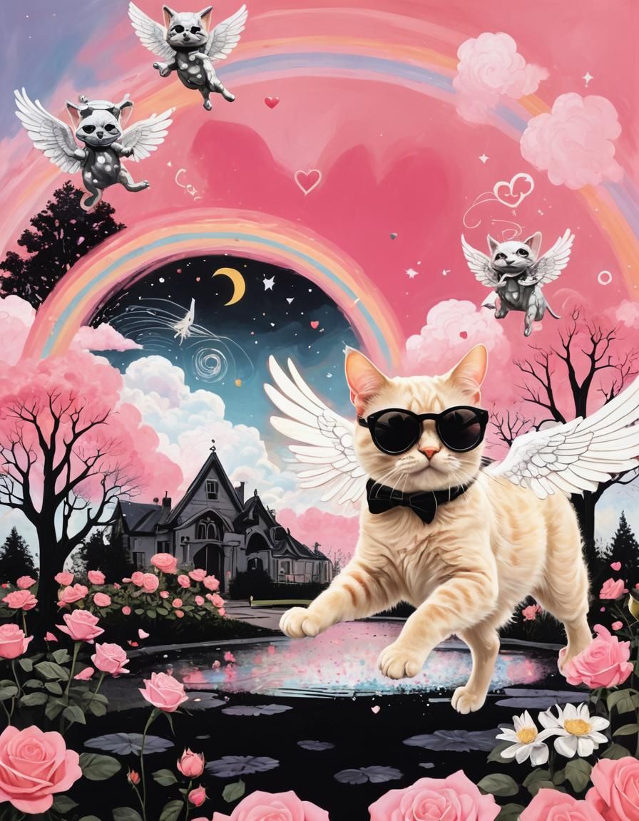 Cat with Angel Wings in Psychedelic Garden