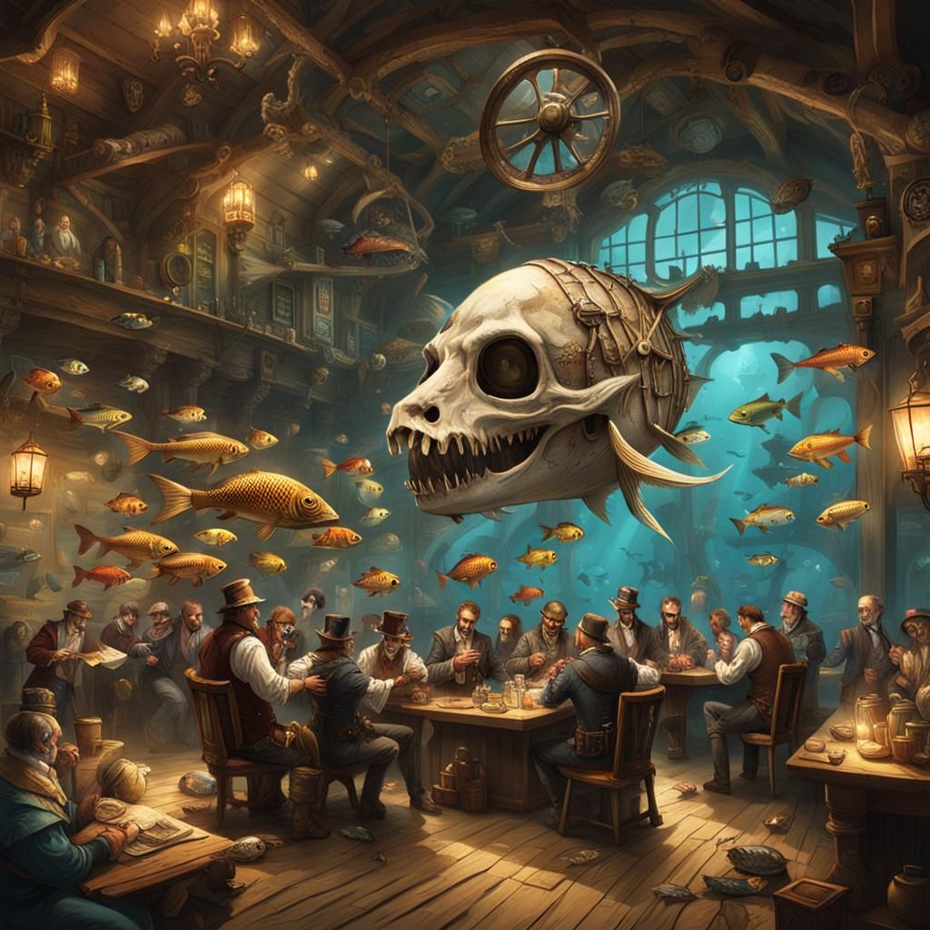 Underwater Fish Skull Tavern with Steampunk Fish People