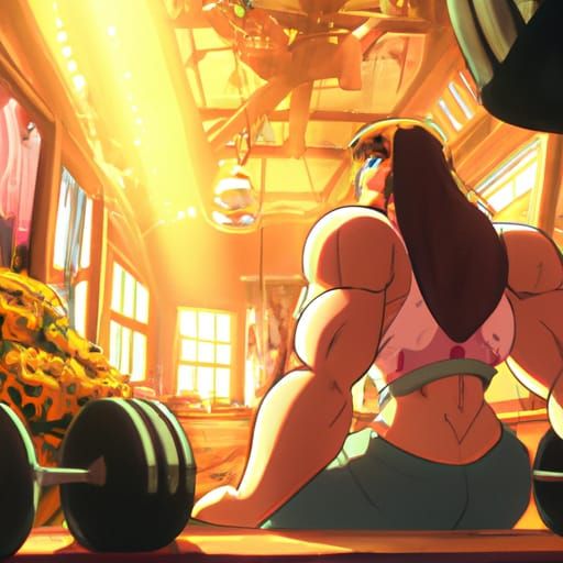 Muscular Anime Mom Bodybuilder in Ghibli Style