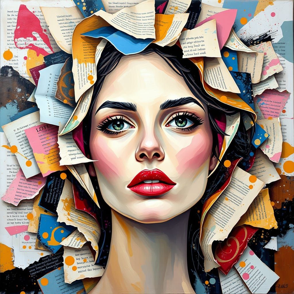 Abstract Woman's Face With Books In Expressive Oil Style