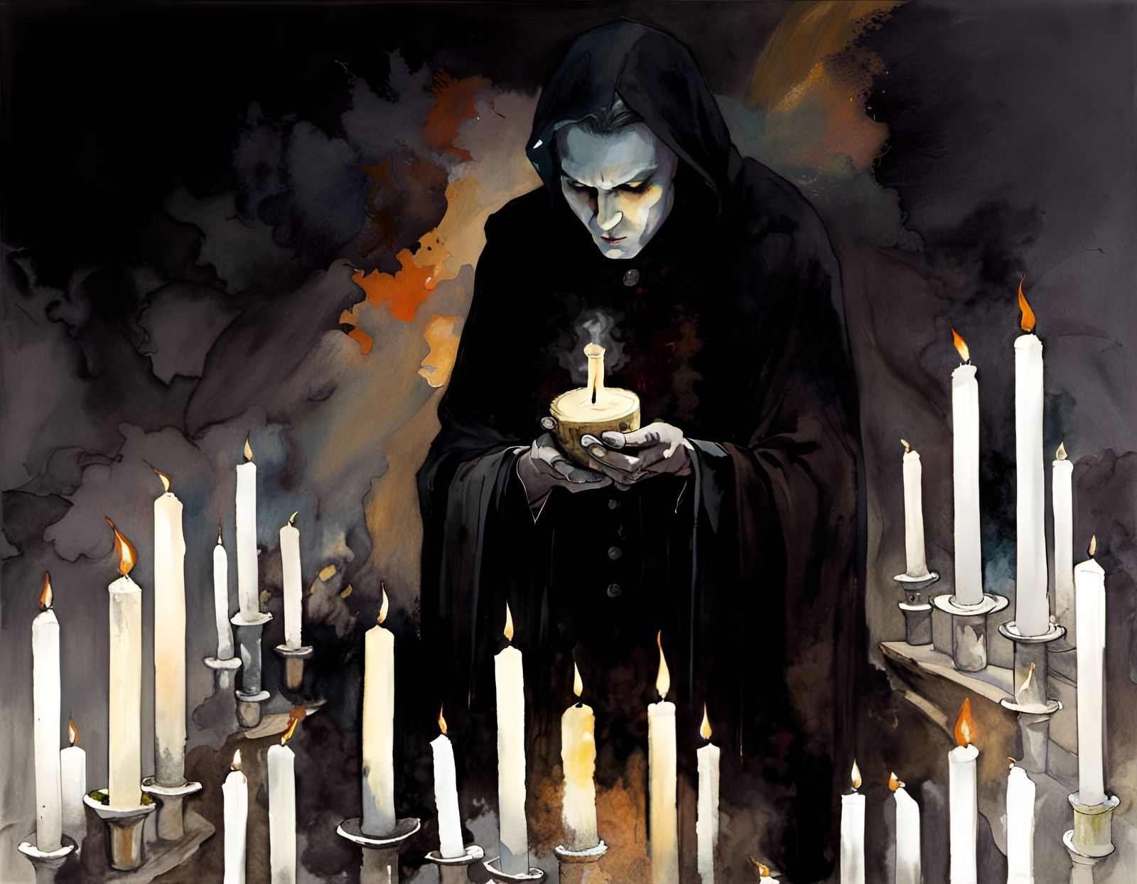 Sinister Shadow Priest Surrounded by Spirits in Watercolor