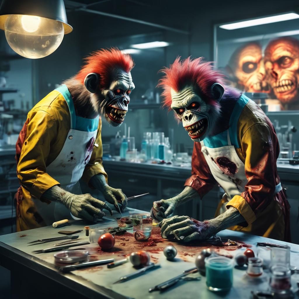Zombie Monkey Clown Scientists Dissecting Baby: Dark Fantasy