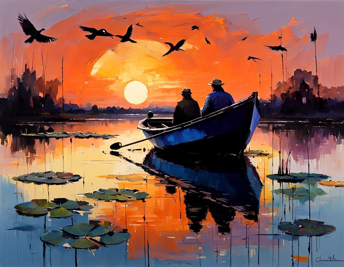 Tranquil Lake at Dusk with Boat and Water Lilies