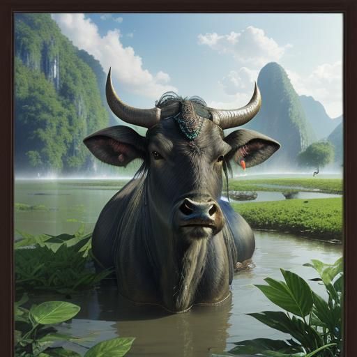 Water Buffalo in Vietnam: Photorealistic Countryside