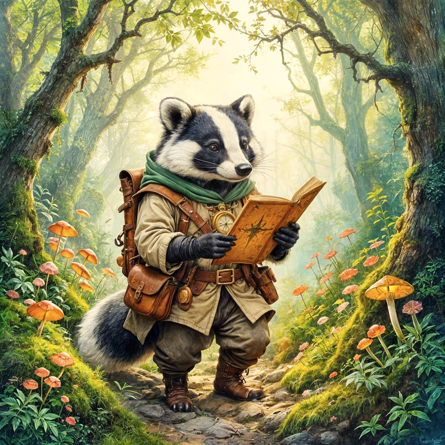 Badger Explorer in Enchanted Forest, Watercolor and Gouache