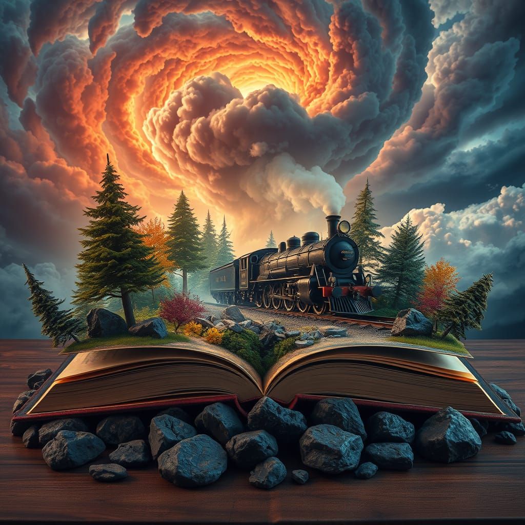 Steam Train Emerges from Open Book into Dreamscape