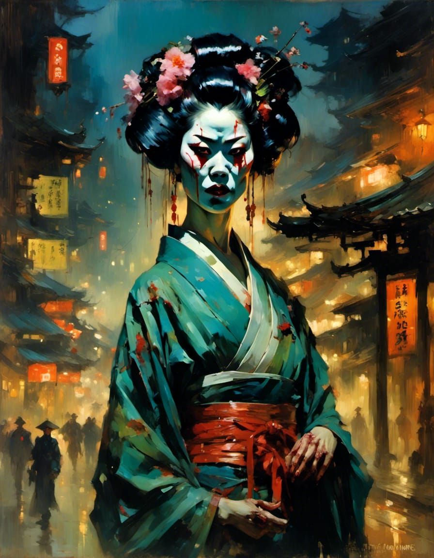 Sinister Zombie Geisha Portrait in Chiaroscuro Style
