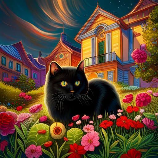 Fluffy Black Cat with Big Eyes Near House