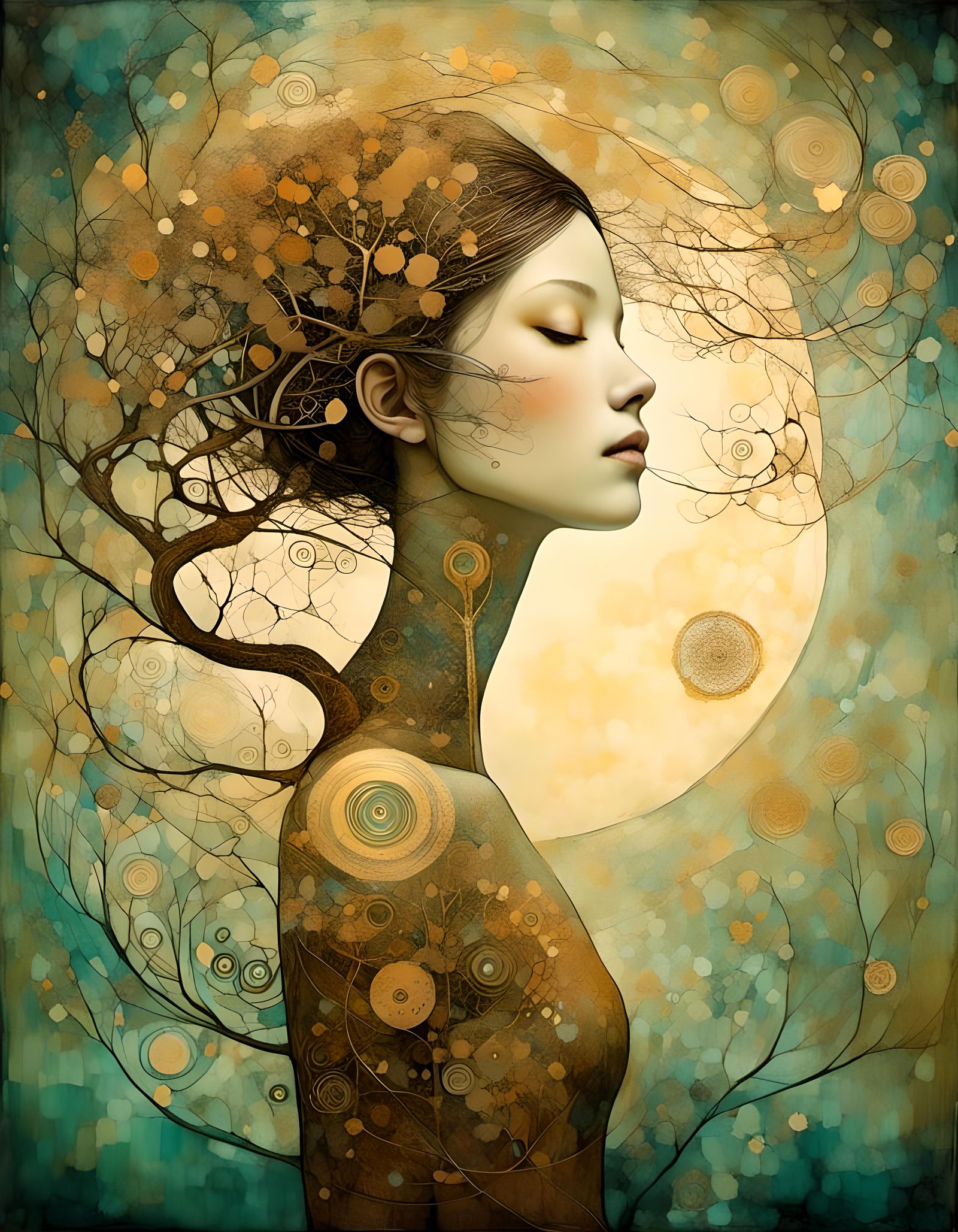 Neural Tree of Life with Golden Tattoos in Steampunk Style