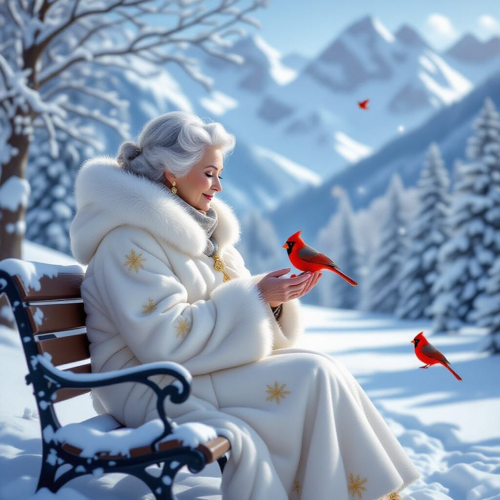 Woman in Fur Coat Feeds Birds in Snowy Landscape