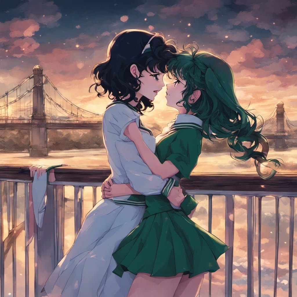 Sailor Neptune and Sailor Pluto Kiss: Anime Style