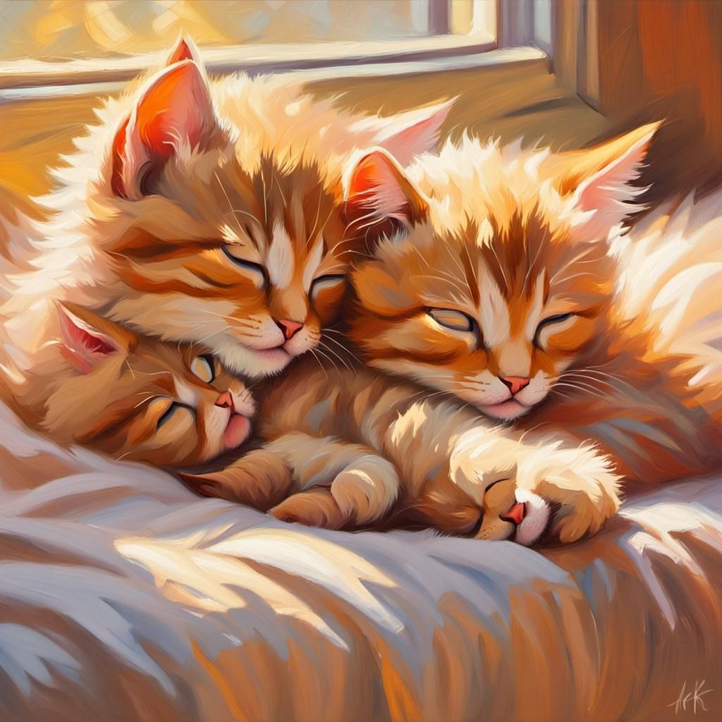 Sleeping Kittens in Sunlight: An Impressionist Oil Painting