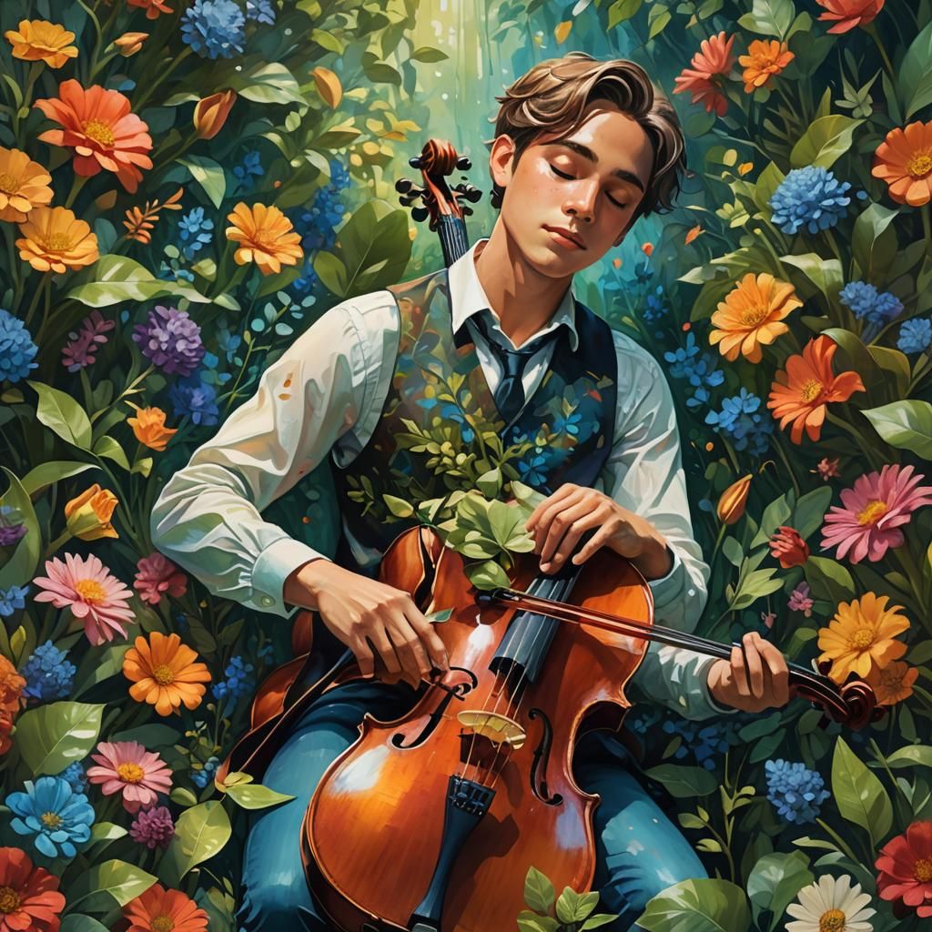 Boy with Floating Cello in Hyperrealistic Style