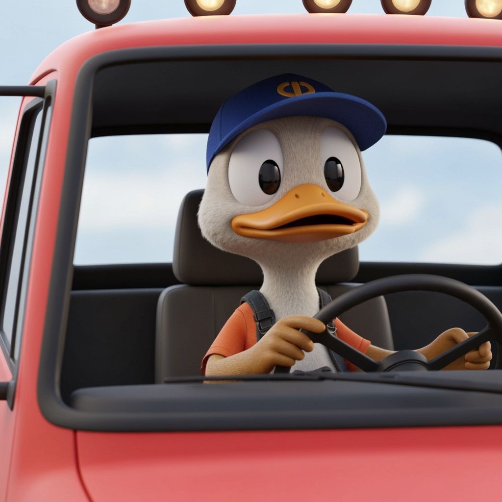 Adorable CGI Duck Drives Truck Inside Vehicle