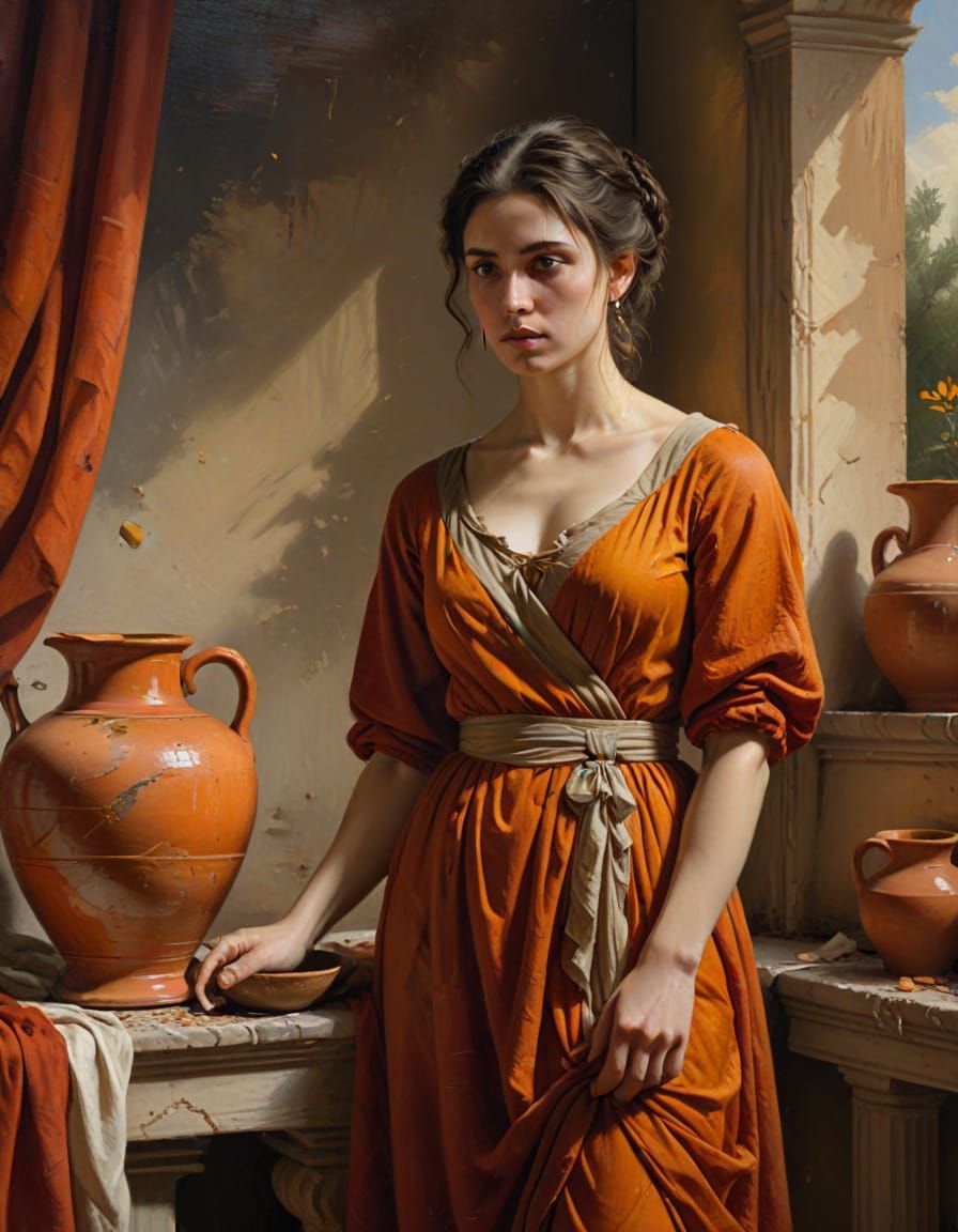 Neoclassical Portrait of a Sad Woman in Roman Gown