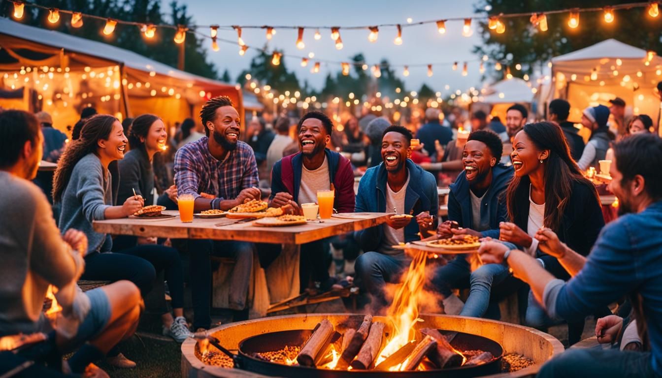 Cozy Evening Gathering with Food and Warm Lighting