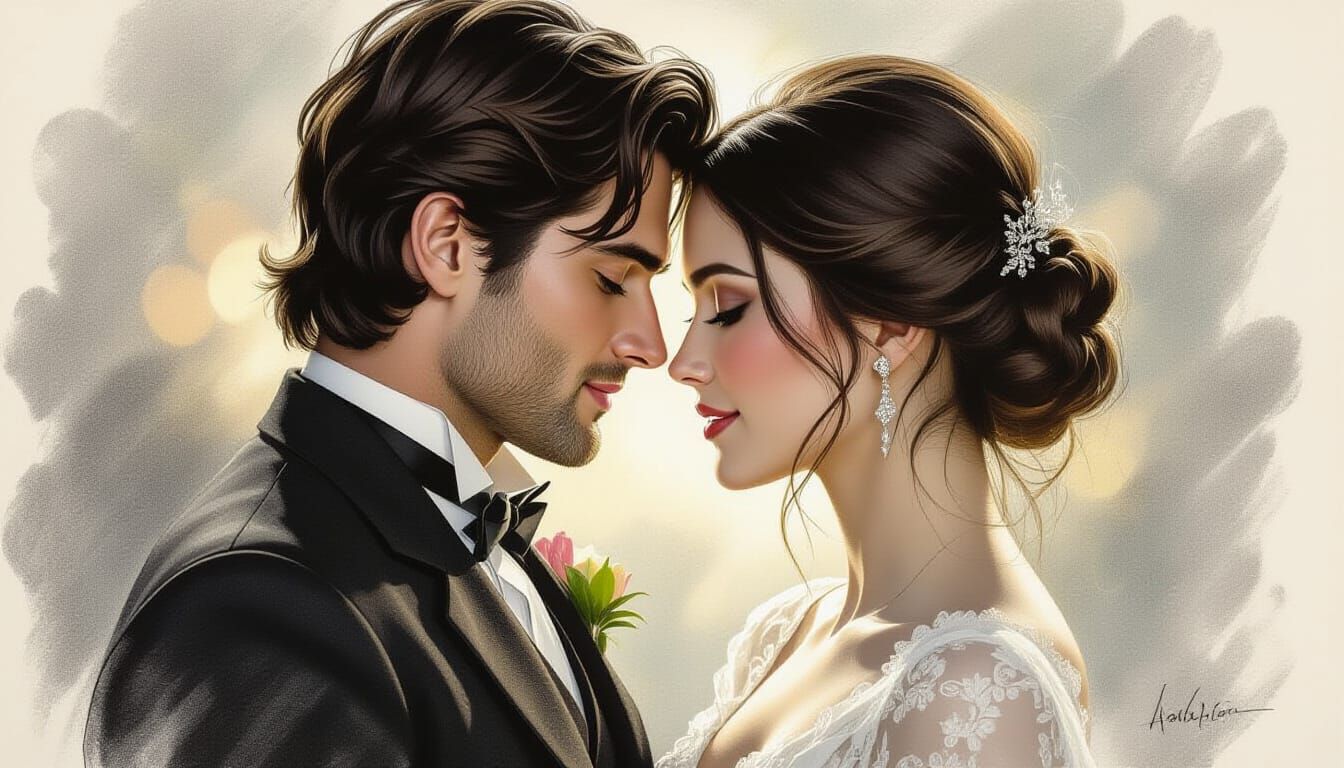 Romantic Lovers Embrace in Charcoal Drawing Style