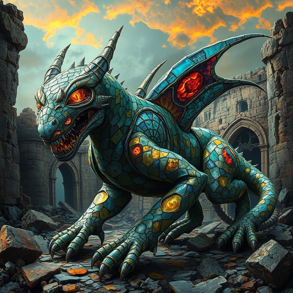 Shattered Beast Amid Ancient Ruins in Dark Fantasy Style