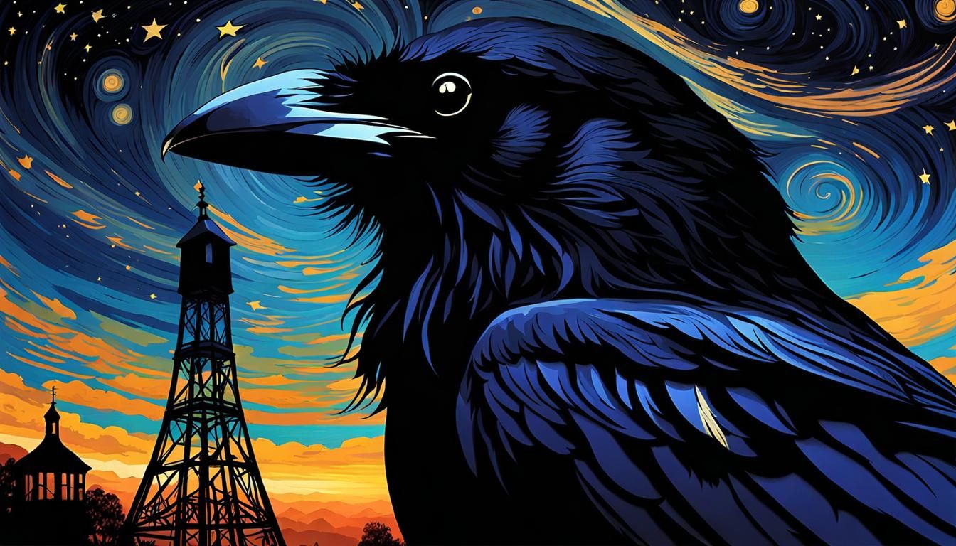 Raven on Tower in Impressionist Style