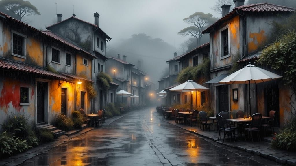 Azores Village in Rain: Hyperrealistic Splash Art