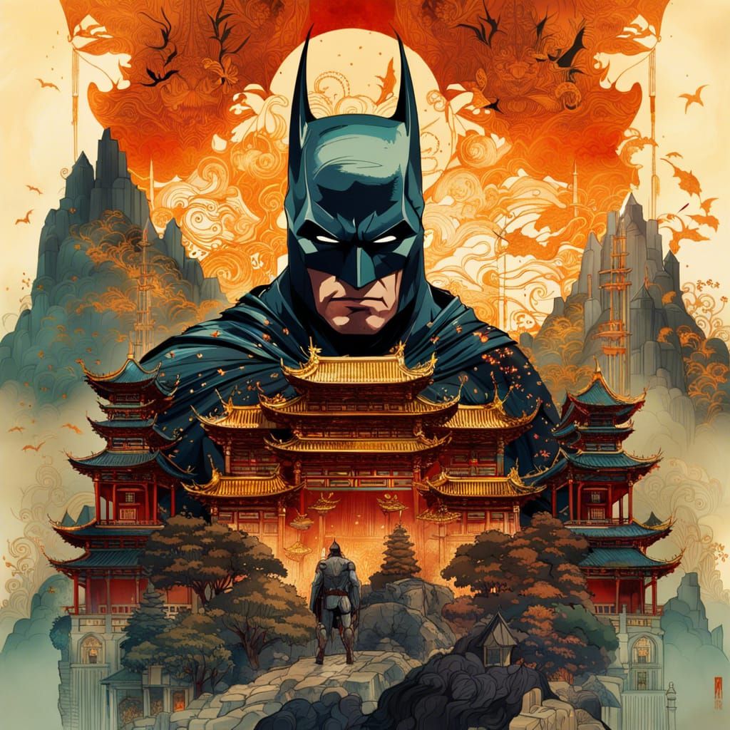 Batman Double Exposure Portrait with Burning Village