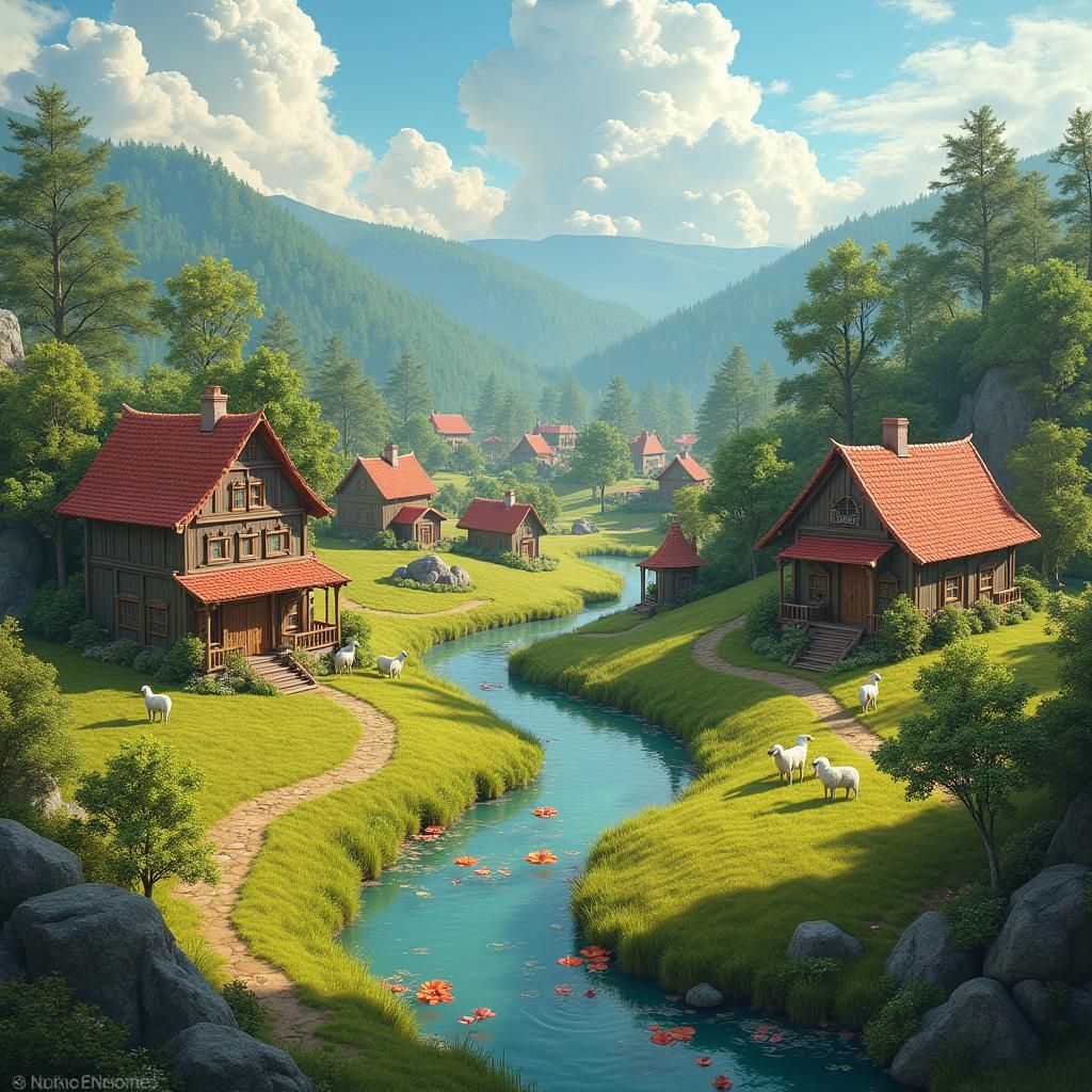 Colombian Village in Fairy-Tale Landscape, Digital Painting