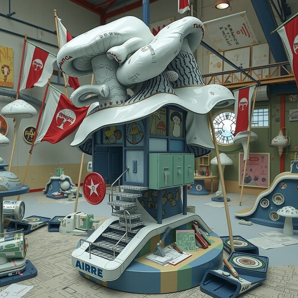 Whimsical Surrealist Scene with Mushroom Flags and Modernist...