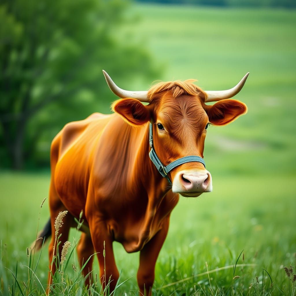 Red Cow in Meadow: Realistic Photography