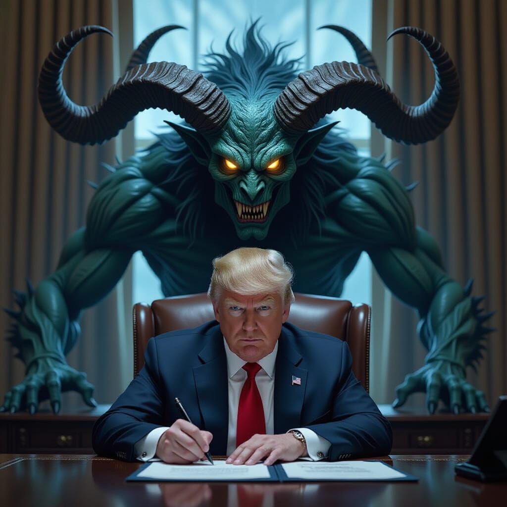 A hyperrealistic depiction of Donald Trump  in the oval offi...