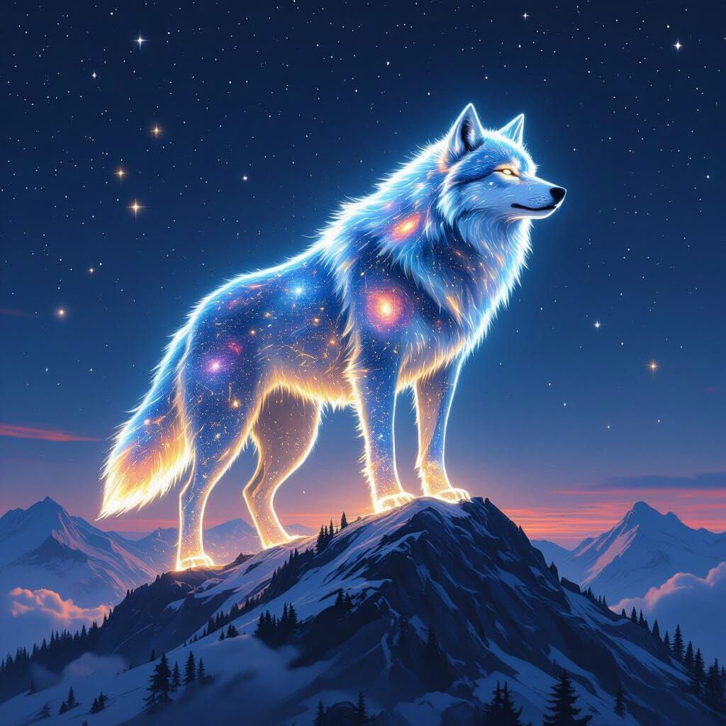Starlight Wolf on Mountain Peak: Cosmic Fantasy