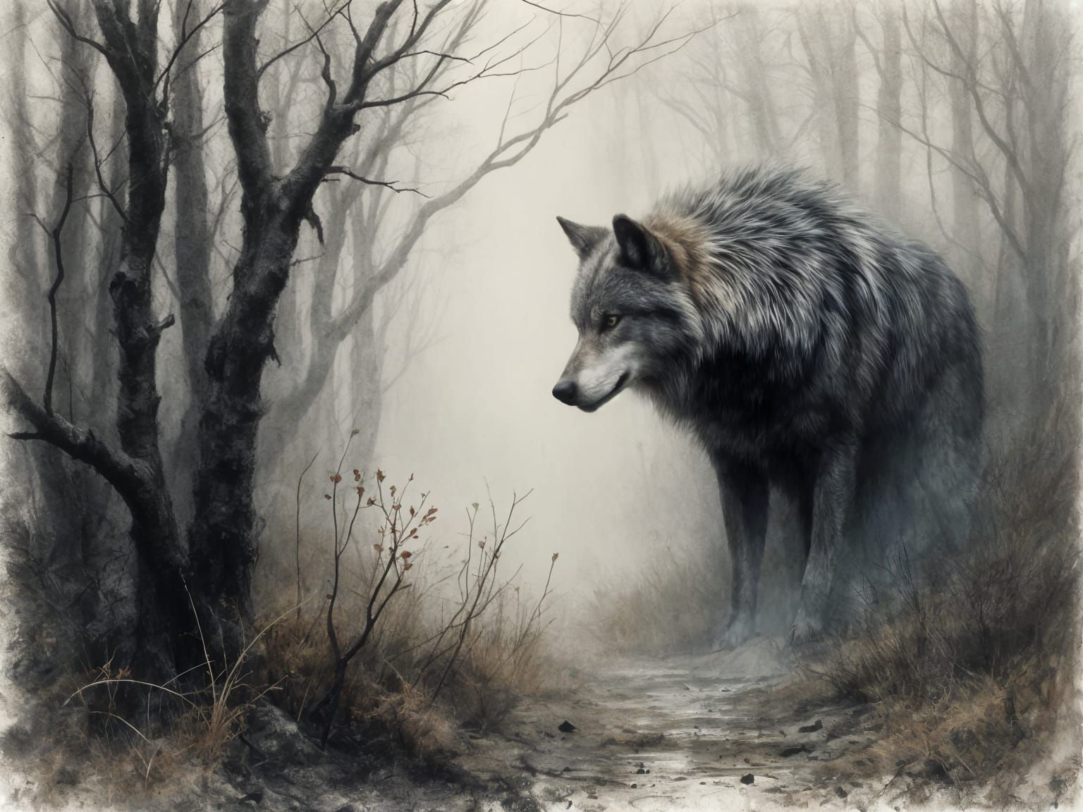 Grey Wolf in Forest Bromoil Print