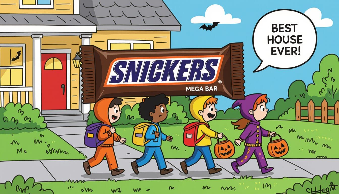 Cartoon Halloween Night: Kids Carry Giant Snickers Bar