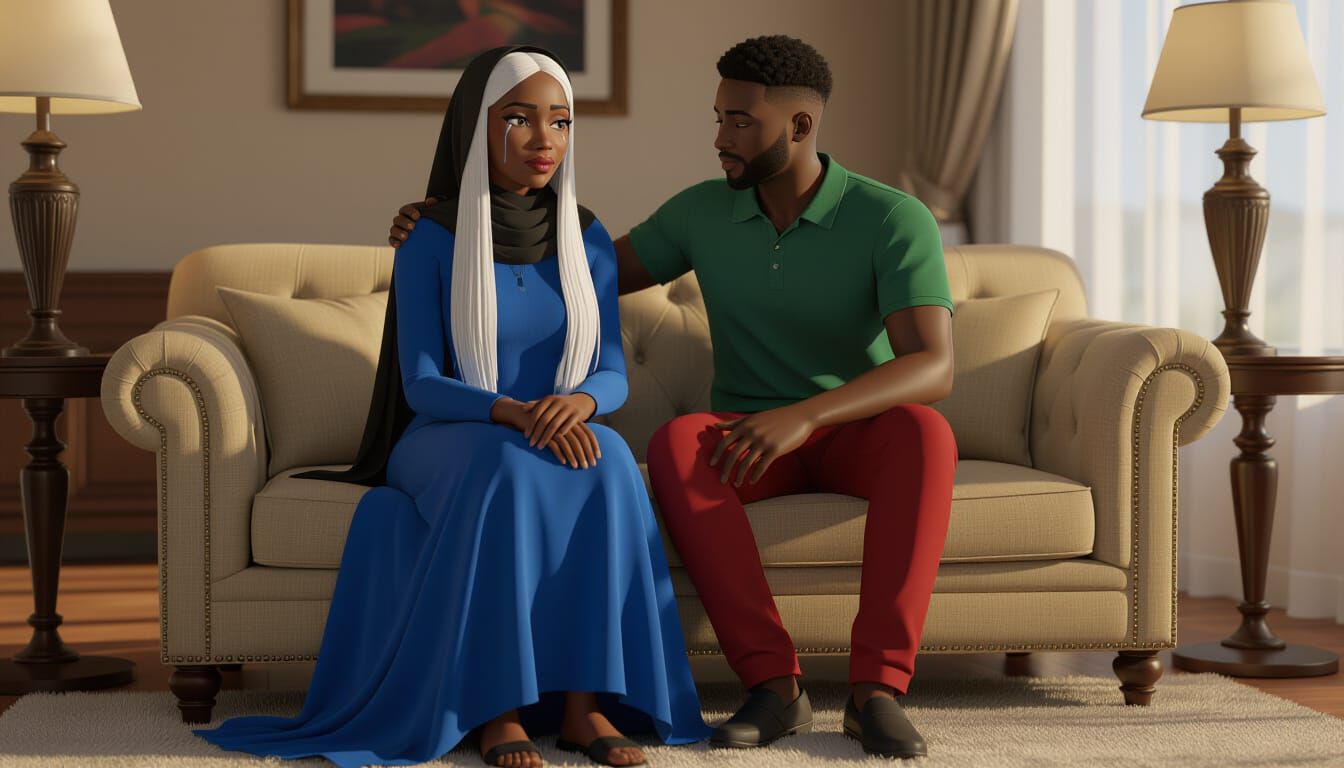 African Woman Crying While Man Comforts Her in Luxurious Par...