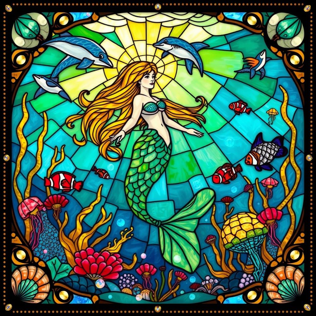 Mermaid in Stained Glass Underwater World