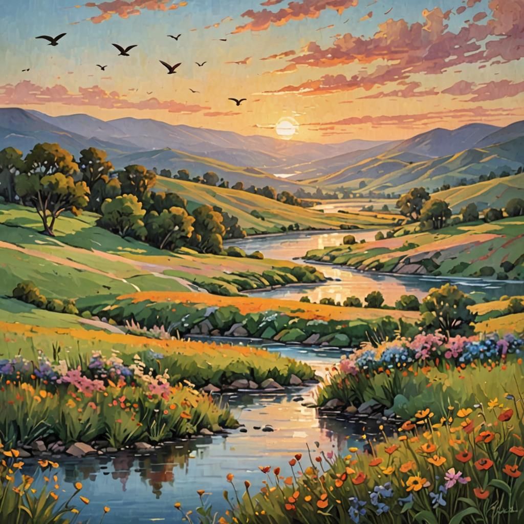 Impressionistic Sunset Landscape with River and Wildflowers